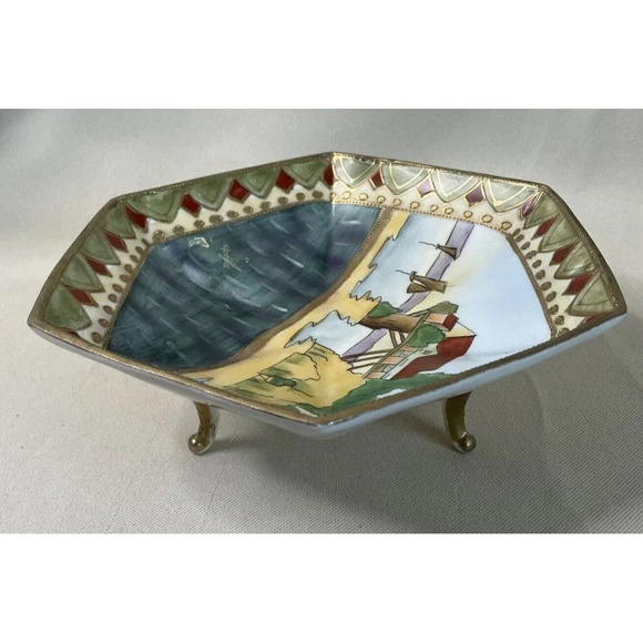 Imperial Nippon Hand Painted Footed Candy Dish Hexagon Water Scene READ 7” VTG - Picture 5 of 9